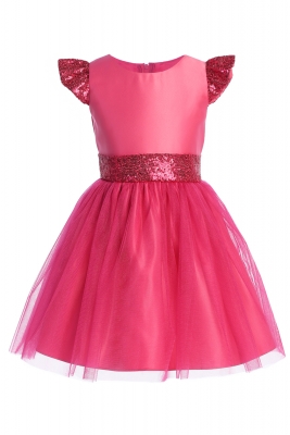 Fuchsia Sequin Flutter Sleeve Dress with Satin Bodice